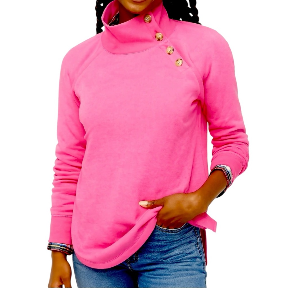 J Crew Wide Button Collar Tunic Sweatshirt Hot Pink Fleece Pullover Medium